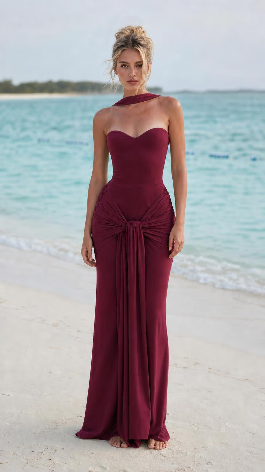 Elegante vestido largo sin tirantes con lazo en la parte delantera y gargantilla