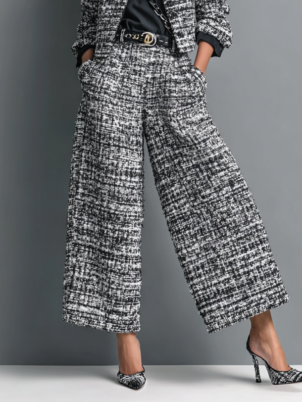 Conjunto en Mezcla de Tweed: Chaqueta Corta de Botonadura Sencilla y Pantalón Ancho