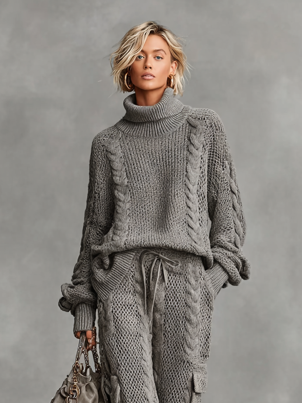 Conjunto Casual: Jersey de Cuello Alto en Punto Trenzado y Pantalón Cargo