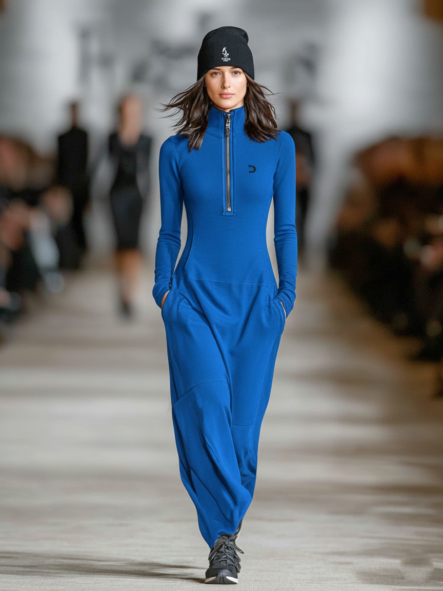 Vestido Maxi Deportivo Holgado en Mezcla de Algodón, Cuello Medio Alto y Cremallera
