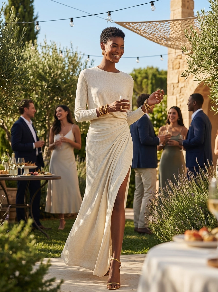 Vestido Largo Beige de Mezcla de Algodón para Mujer | Cuello Redondo, Fruncido y Abertura Lateral