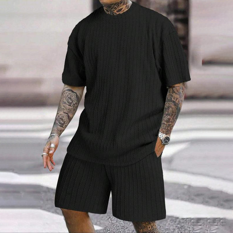 Conjunto de verano de 2 piezas para hombre: camiseta de hombros caídos y pantalón corto con cordón