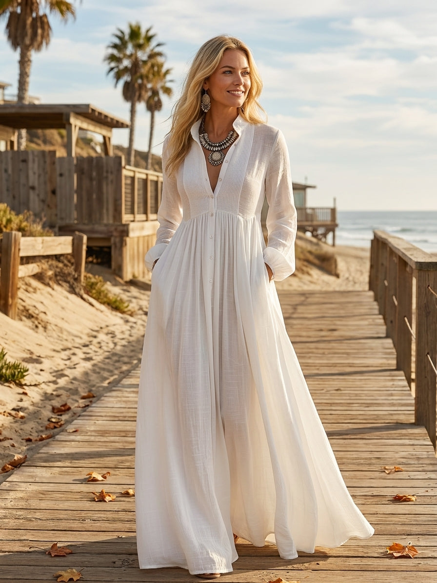 Vestido Maxi Minimalista de Tencel y Lino para Mujer | Diseño de Patchwork, Cuello Alto, Manga Larga y Abotonadura Frontal