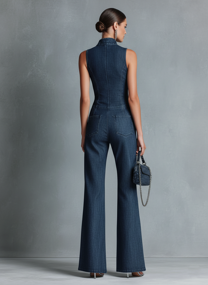 Mono Denim Azul Oscuro Estilo Retro, Sin Mangas, Cuello Alto y Pernera Acampanada con Cremallera Frontal