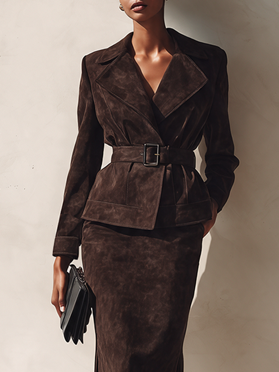 Conjunto Elegante en Ante Sintético: Falda con Chaqueta de Solapa y Cinturón
