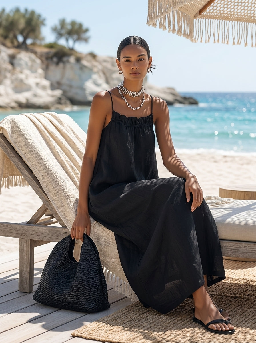 Vestido Maxi Negro Minimalista con Cuello de Volantes y Tirantes Finos