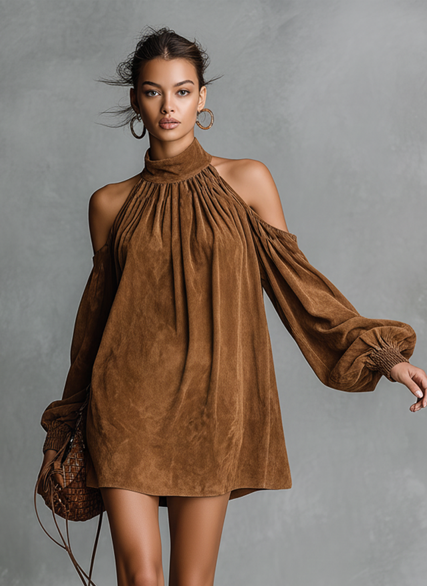 Vestido Corto de Ante Sintético para Mujer | Cuello Halter, Cuello Semialto y Mangas Abullonadas