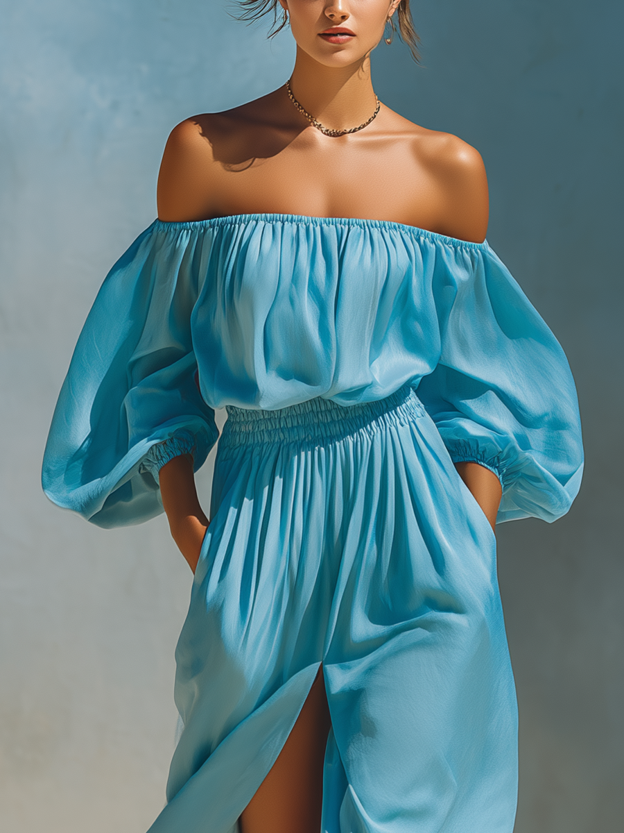 Vestido Largo Azul Cielo para Mujer | Hombros Descubiertos, Mangas Abullonadas, Cintura Fruncida, Abertura Lateral y Bolsillos