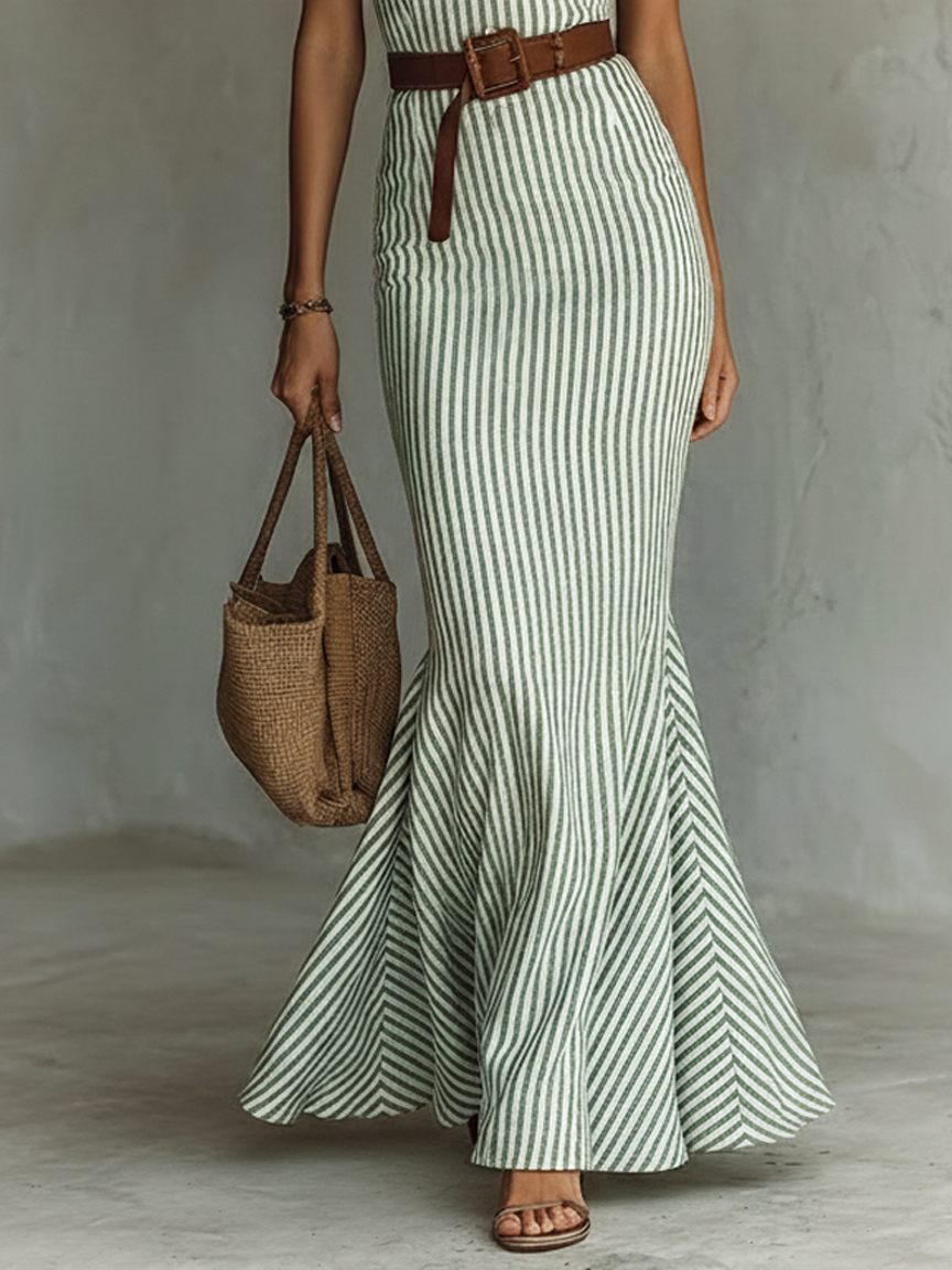 Vestido Largo Minimalista de Rayas para Mujer | Mezcla de Lino, Sin Mangas y Corte Ajustado