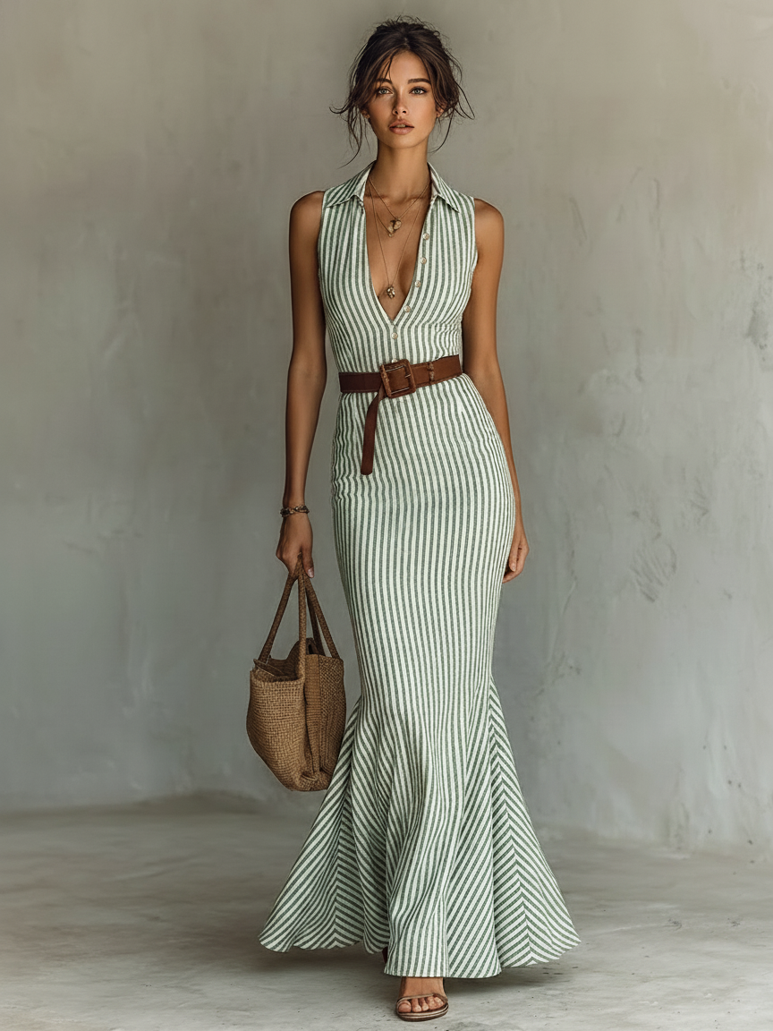 Vestido Largo Minimalista de Rayas para Mujer | Mezcla de Lino, Sin Mangas y Corte Ajustado
