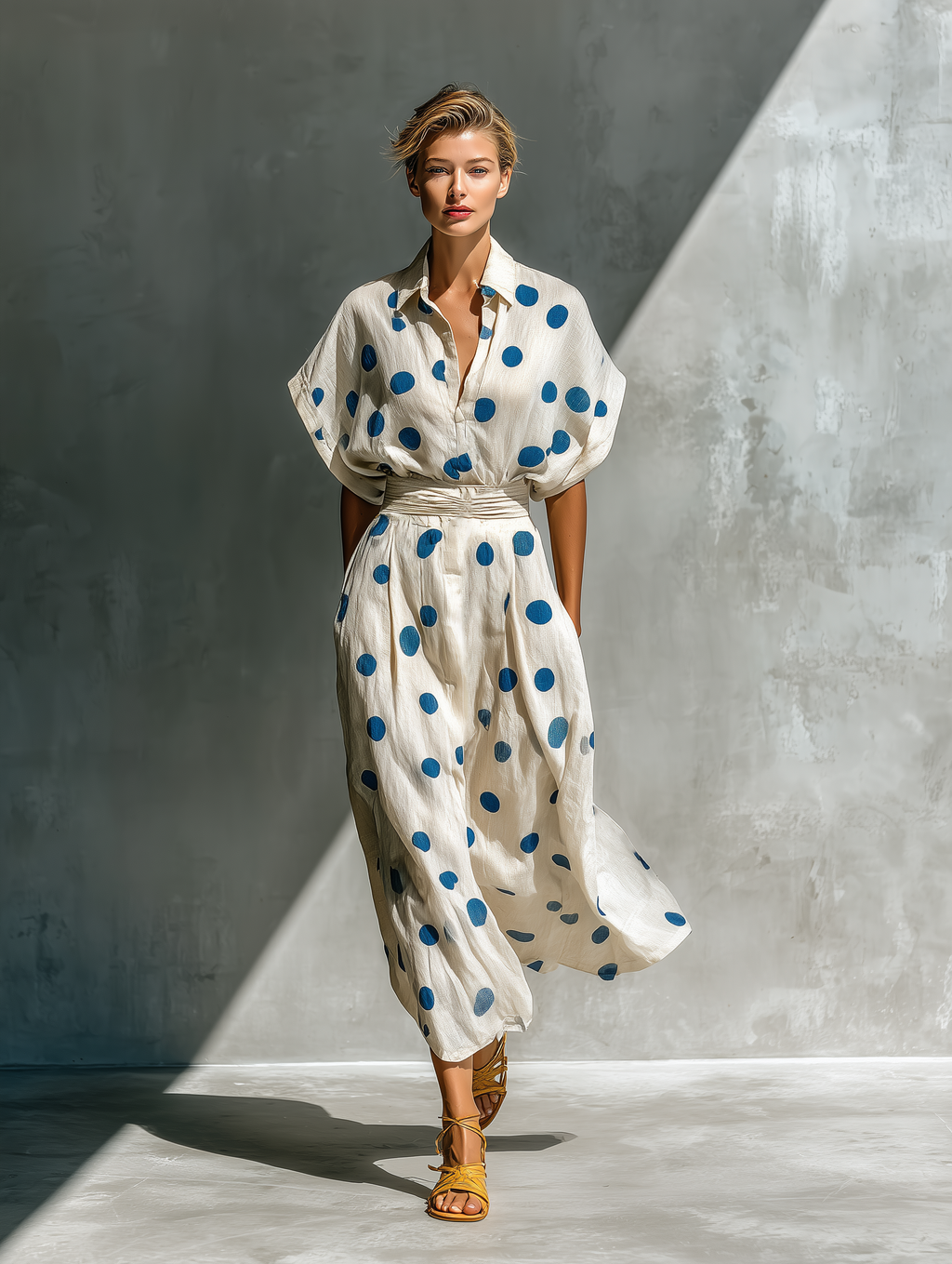 Vestido Camisero de Lino en Blanco Roto con Lunares para Mujer | Cinturón Ajustable y Bolsillos