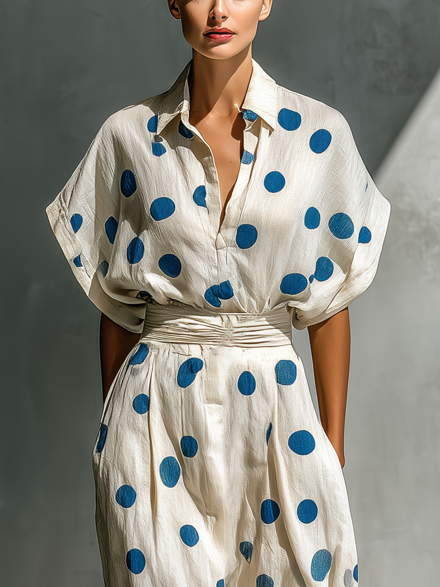 Vestido Camisero de Lino en Blanco Roto con Lunares para Mujer | Cinturón Ajustable y Bolsillos