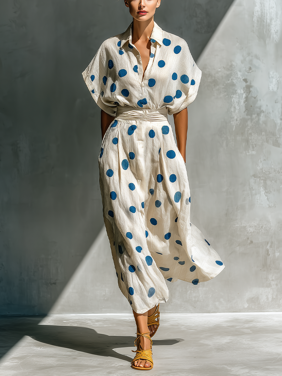 Vestido Camisero de Lino en Blanco Roto con Lunares para Mujer | Cinturón Ajustable y Bolsillos