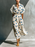 Vestido Camisero de Lino en Blanco Roto con Lunares para Mujer | Cinturón Ajustable y Bolsillos