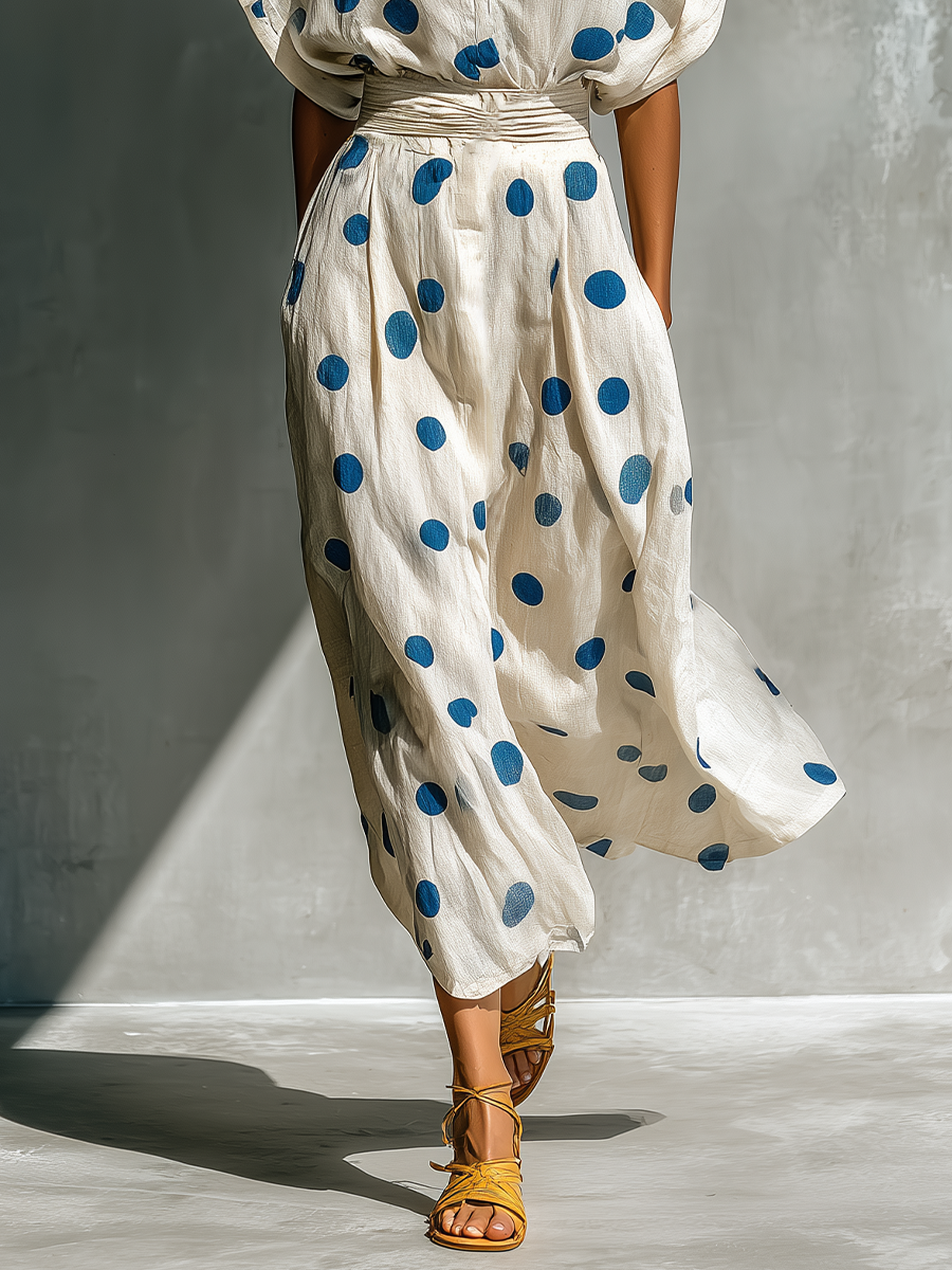 Vestido Camisero de Lino en Blanco Roto con Lunares para Mujer | Cinturón Ajustable y Bolsillos
