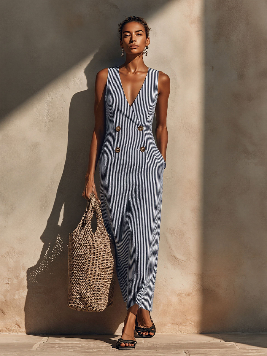 Vestido Largo de Rayas Azul y Blanco para Mujer | Mezcla de Algodón, Estilo Blazer y Doble Abotonadura