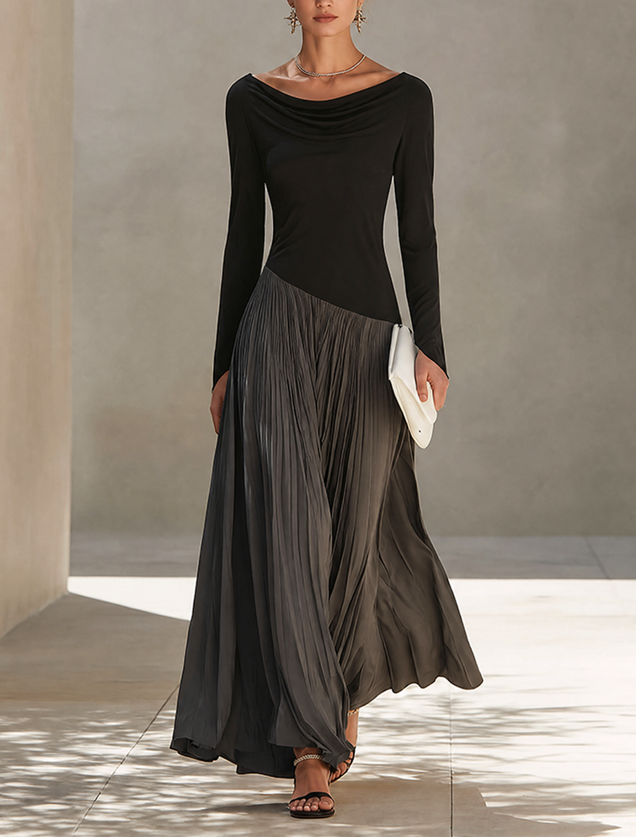 Vestido Maxi Minimalista Bicolor con Escote Drapeado
