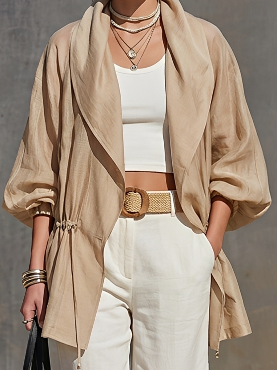 Chaqueta Semitransparente Caqui en Tencel, Cuello Solapa, Manga Globo Tres Cuartos y Cordón en la Cintura — Prenda de Abrigo Minimalista Oversize para Resort
