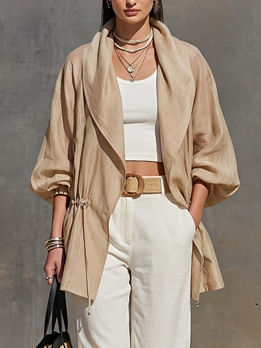 Chaqueta Semitransparente Caqui en Tencel, Cuello Solapa, Manga Globo Tres Cuartos y Cordón en la Cintura — Prenda de Abrigo Minimalista Oversize para Resort