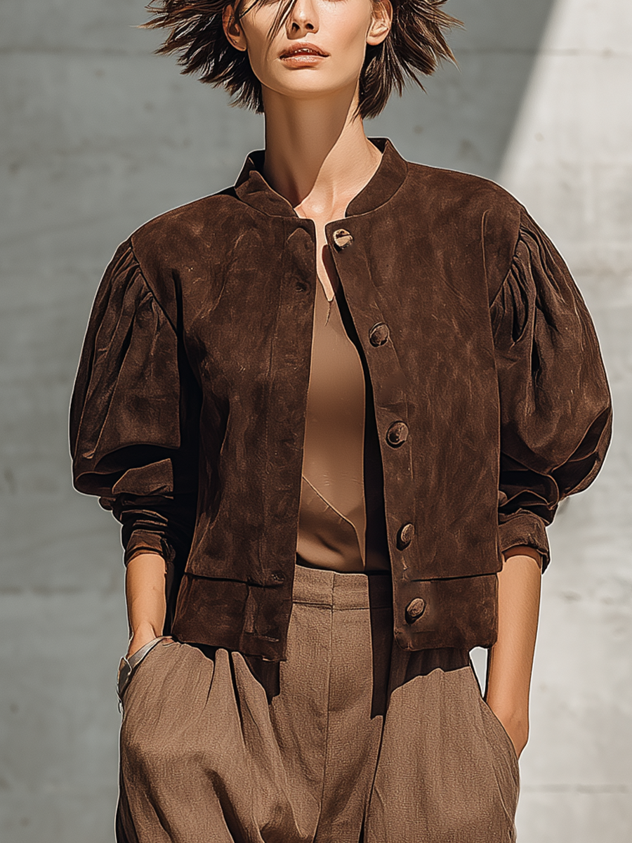 Chaqueta Marrón de Cuello Alto y Mangas Abullonadas para Mujer