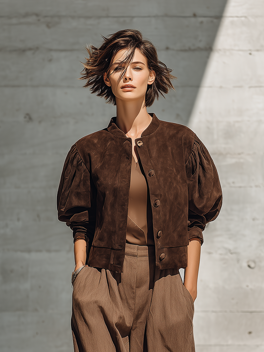 Chaqueta Marrón de Cuello Alto y Mangas Abullonadas para Mujer