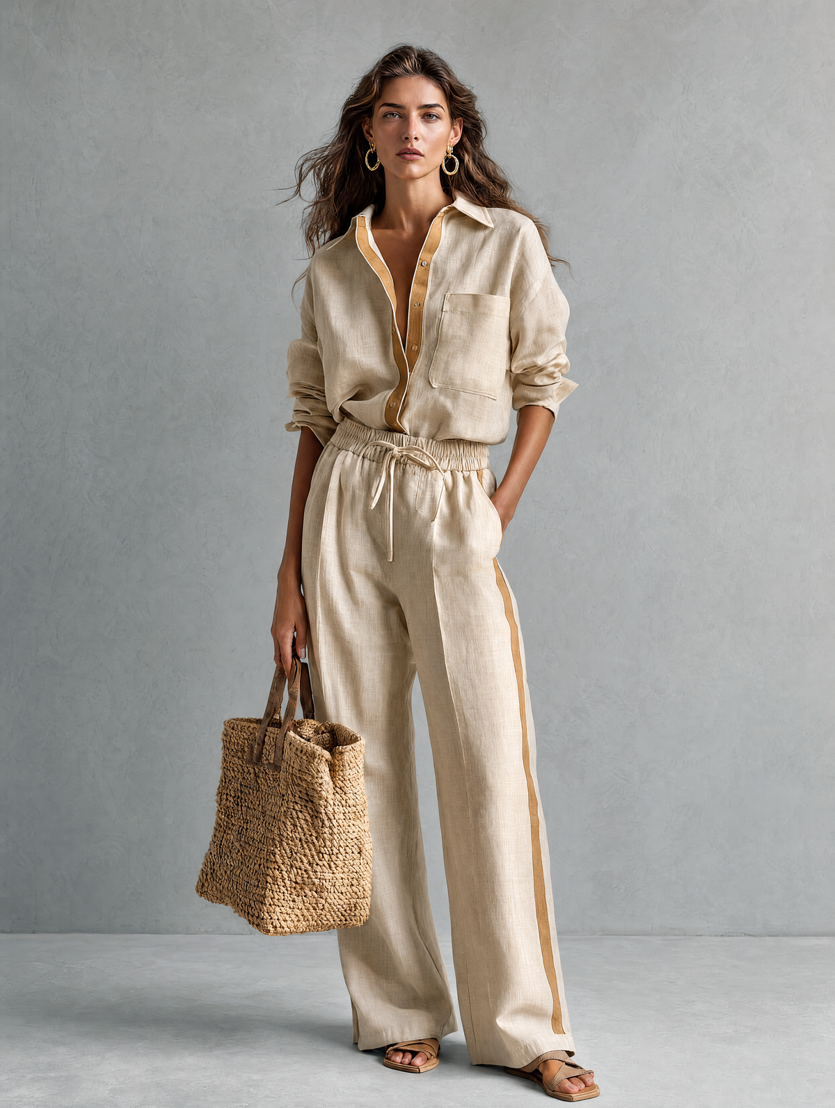 Conjunto Casual de Dos Piezas en Caqui de Algodón y Lino para Mujer | Camisa y Pantalón