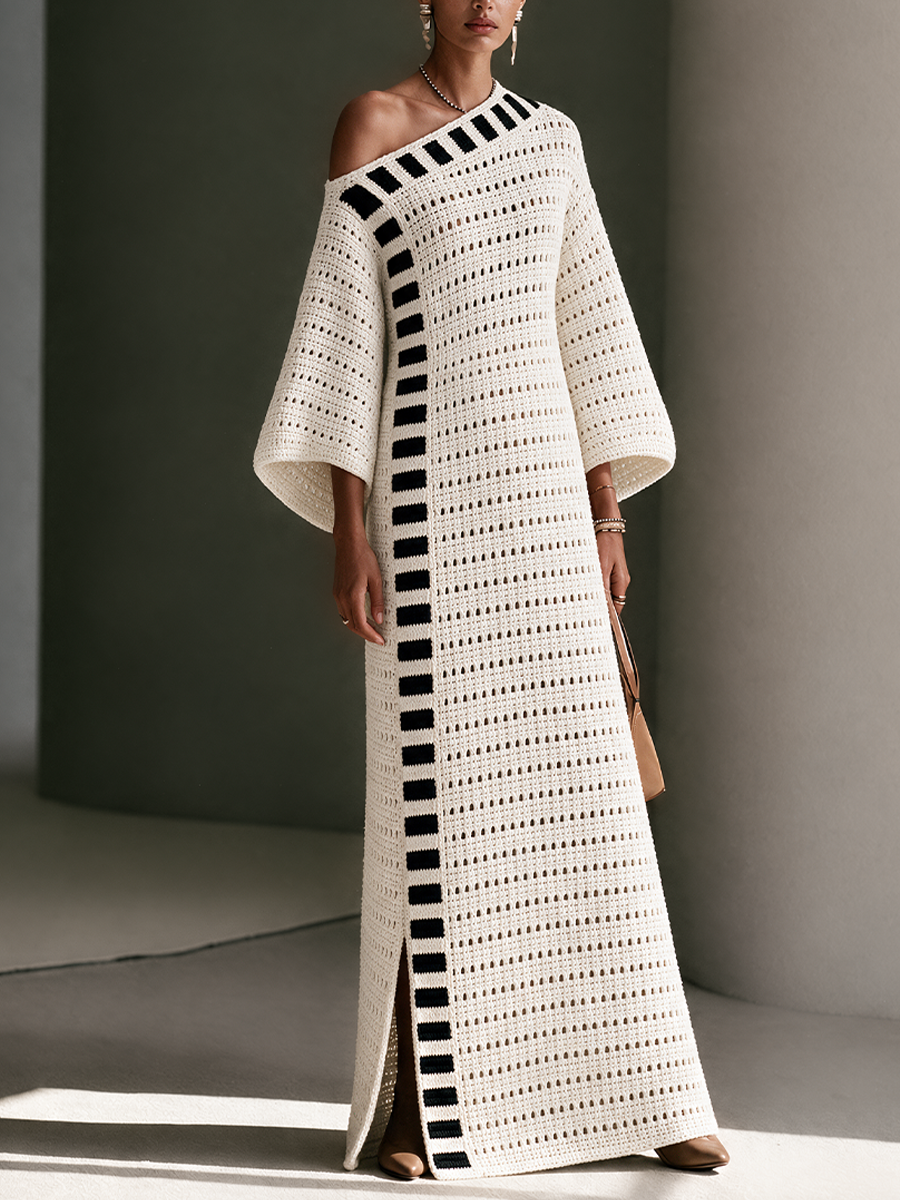 Vestido Maxi de Punto Bohemio a Rayas con Calado y Hombros Descubiertos