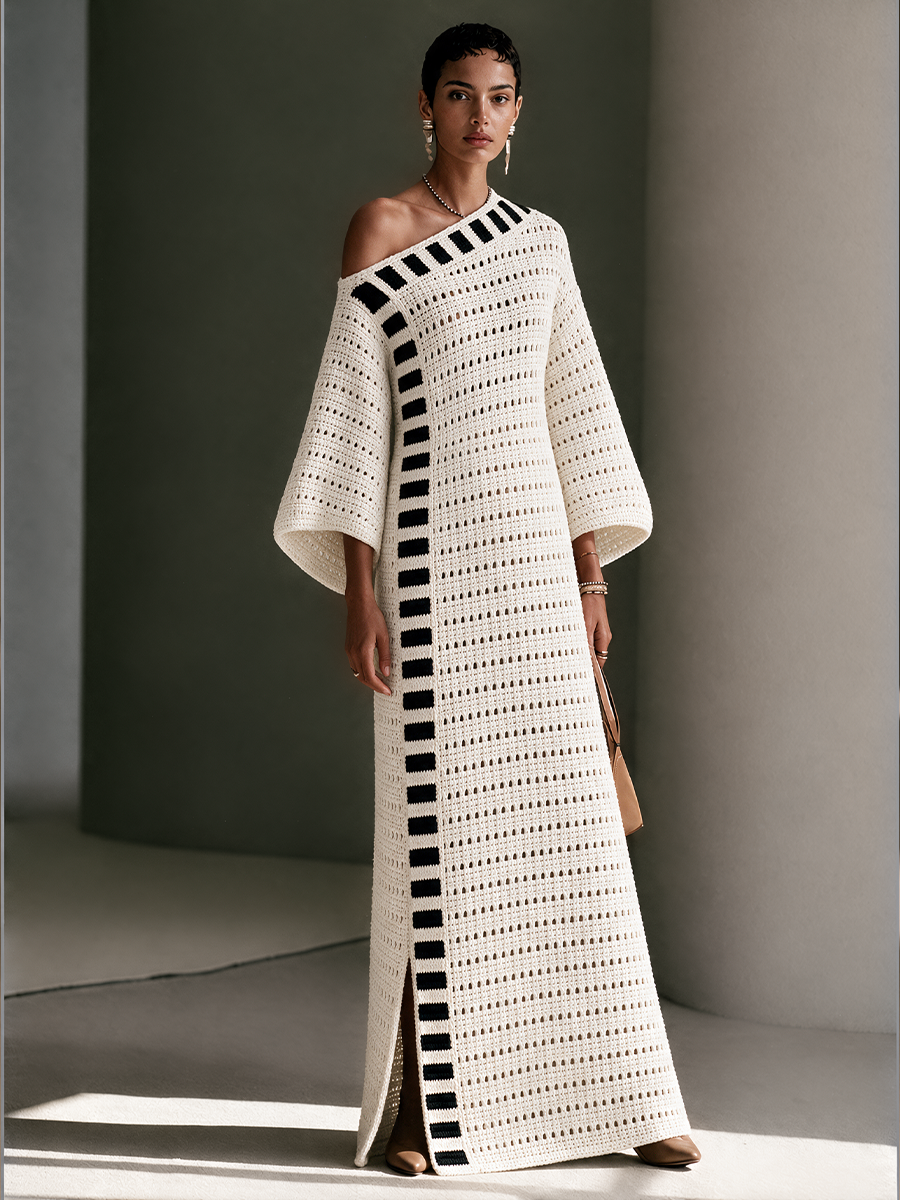 Vestido Maxi de Punto Bohemio a Rayas con Calado y Hombros Descubiertos