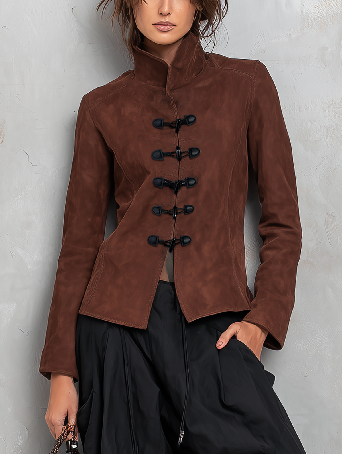 Conjunto Casual de 2 Piezas: Chaqueta Marrón en Ante de Manga Larga y Pantalón Negro Tejido