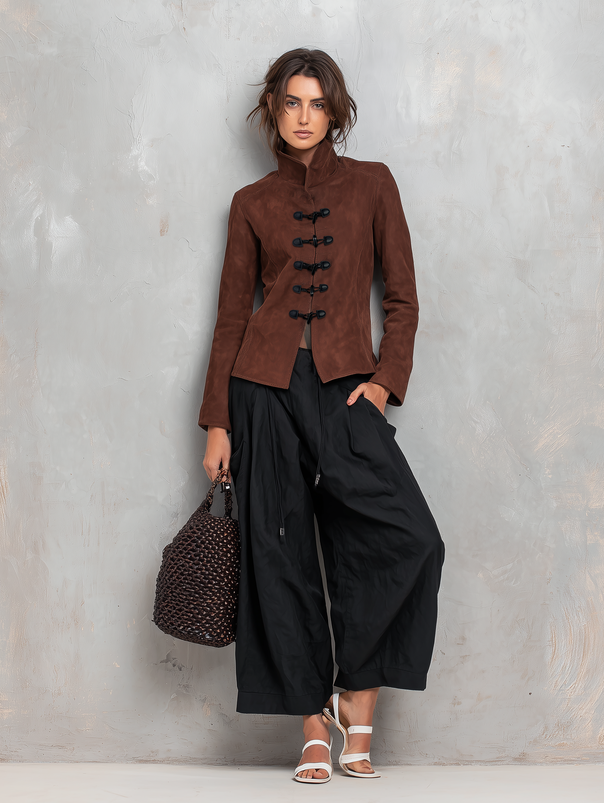 Conjunto Casual de 2 Piezas: Chaqueta Marrón en Ante de Manga Larga y Pantalón Negro Tejido