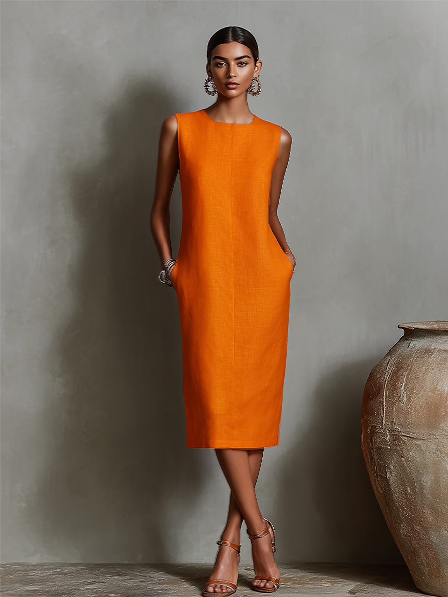 Vestido Recto Naranja en Lino, Sin Mangas, Cuello Redondo y Bolsillos Laterales — Diseño Minimalista y Elegante Atemporal