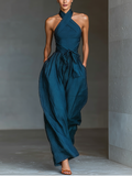 Mono Azul Marino en Lino, Cuello Cruzado Halter, Pernera Ancha, con Cinturón Anudado y Bolsillos Laterales