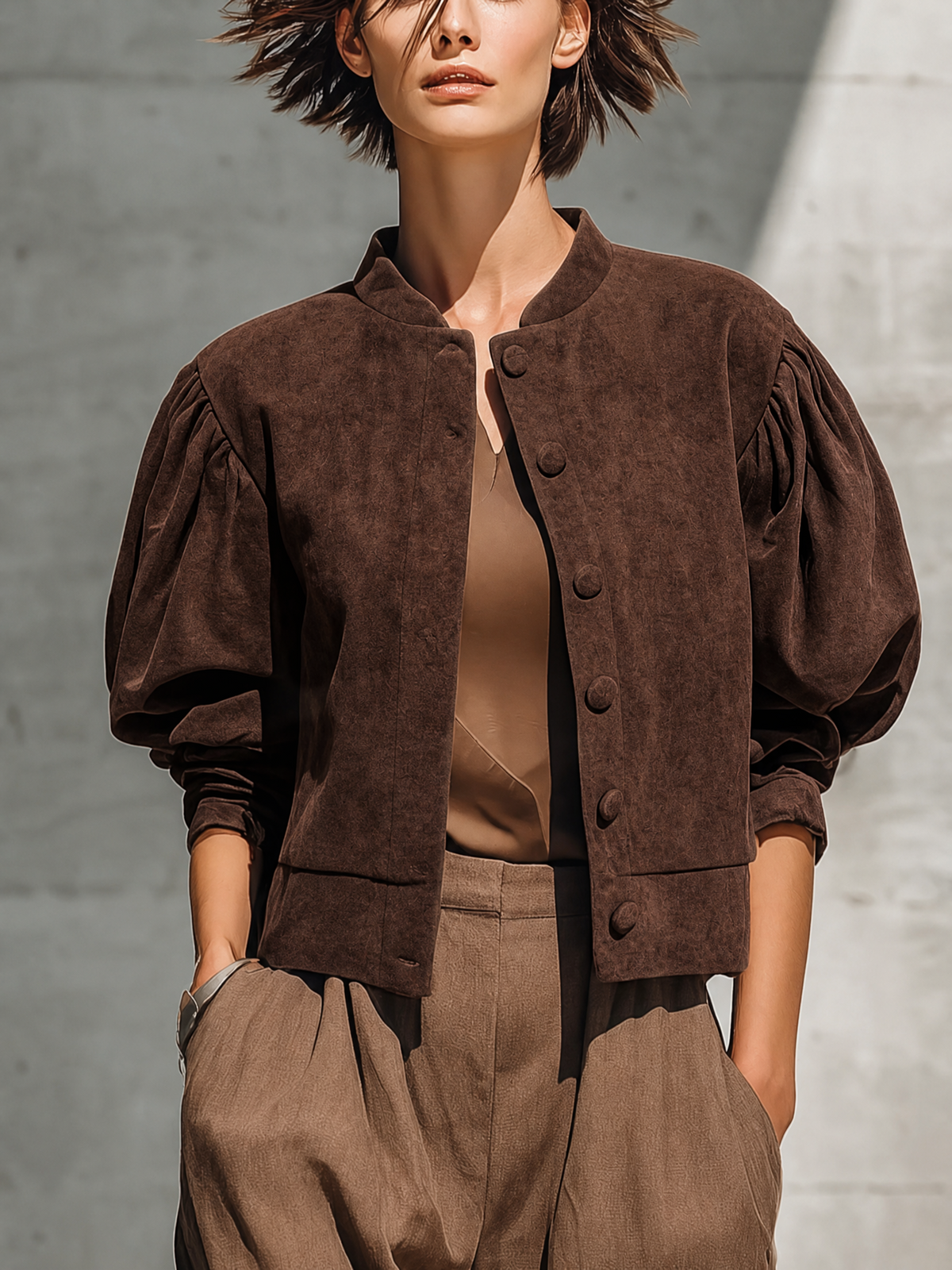 Chaqueta Marrón de Cuello Alto y Mangas Abullonadas para Mujer