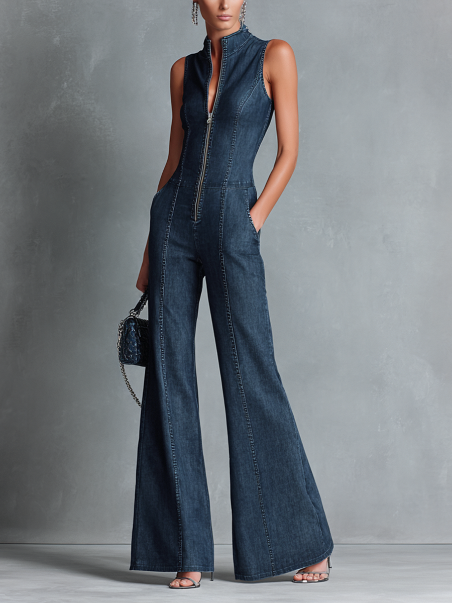 Mono Denim Azul Oscuro Estilo Retro, Sin Mangas, Cuello Alto y Pernera Acampanada con Cremallera Frontal