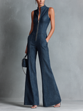 Mono Denim Azul Oscuro Estilo Retro, Sin Mangas, Cuello Alto y Pernera Acampanada con Cremallera Frontal