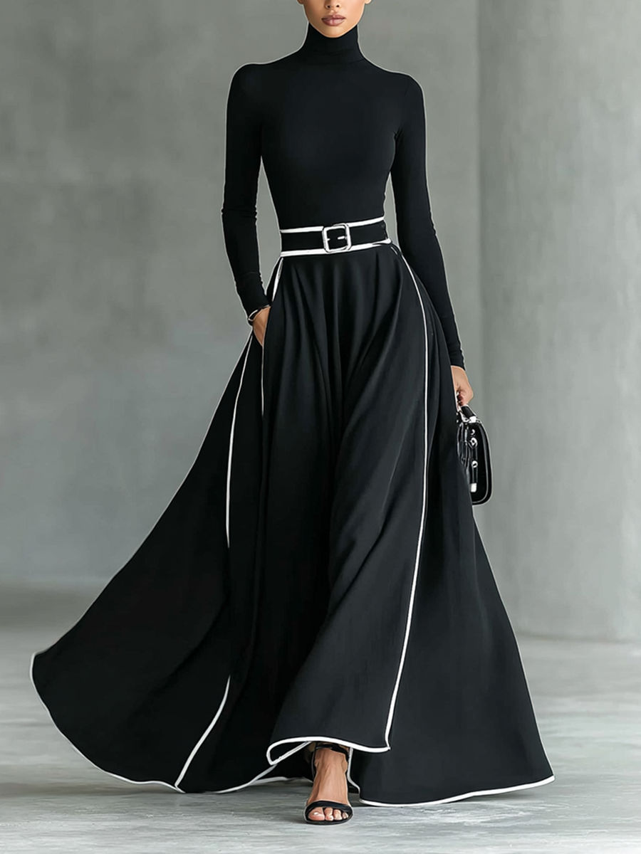 Vestido Maxi Negro con Ribete Blanco de Contraste, Cuello Alto, Manga Larga y Cinturón Ceñido
