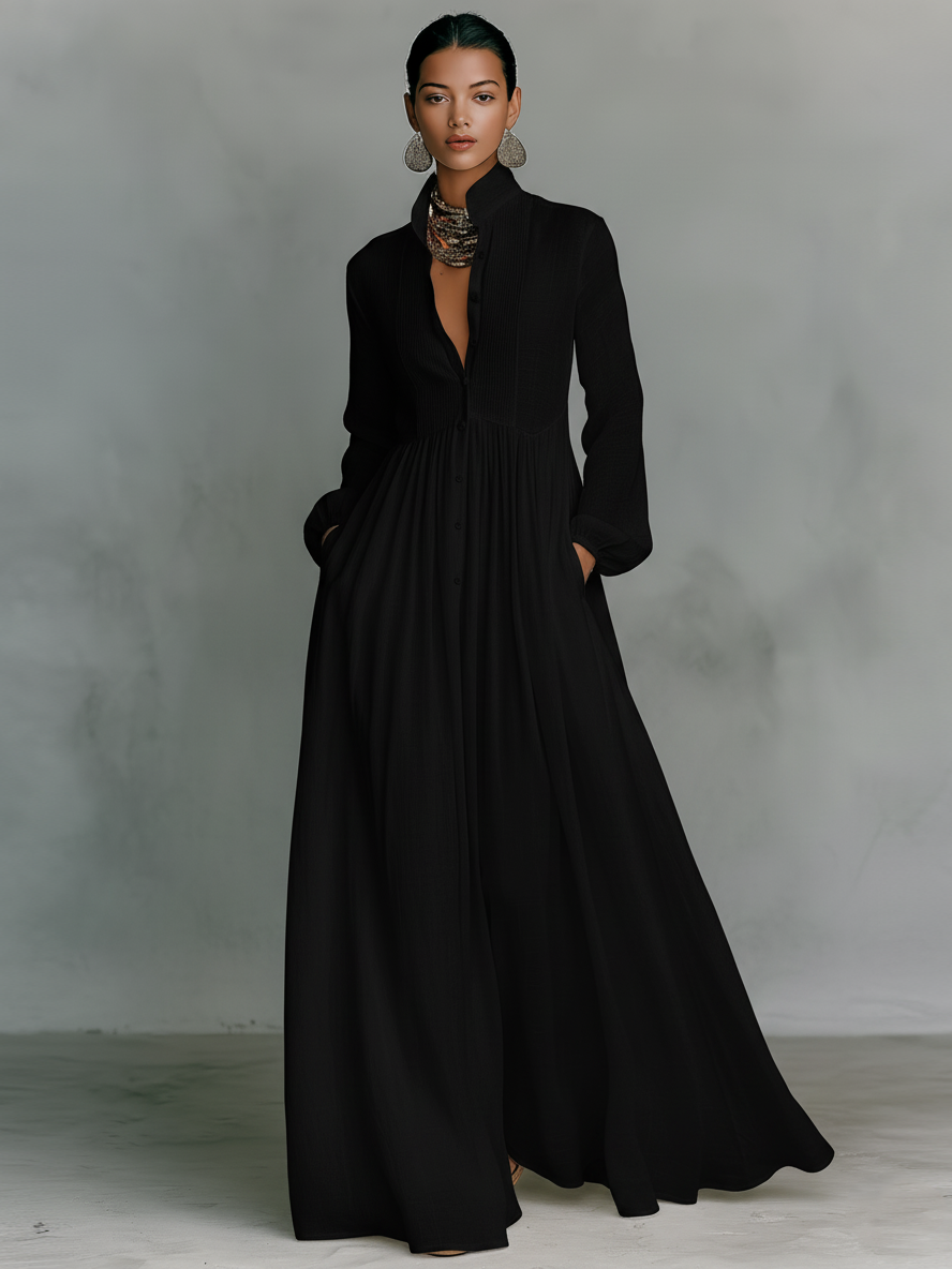Vestido Maxi Minimalista de Tencel y Lino para Mujer | Diseño de Patchwork, Cuello Alto, Manga Larga y Abotonadura Frontal