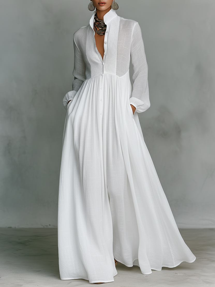 Vestido Maxi Minimalista de Tencel y Lino para Mujer | Diseño de Patchwork, Cuello Alto, Manga Larga y Abotonadura Frontal