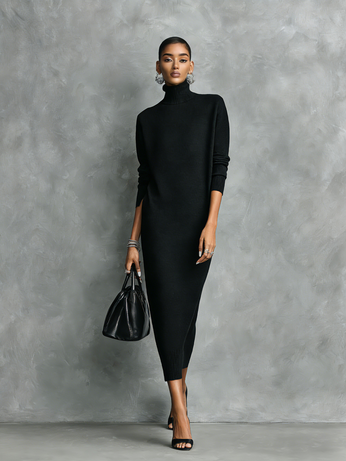 Vestido Midi Negro de Punto para Mujer | Cuello Alto, Manga Larga y Corte Holgado