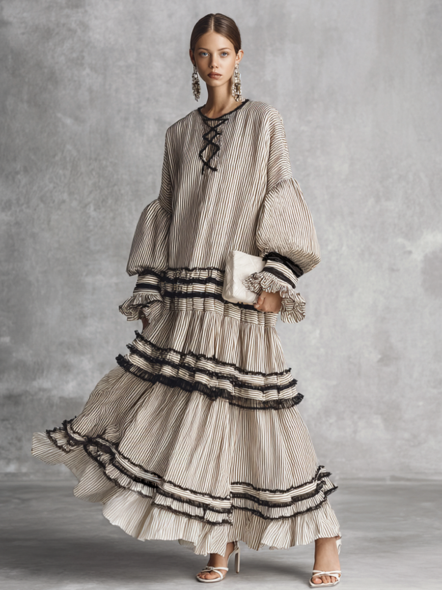 Vestido Maxi Boho de Rayas con Volantes por Capas en Mezcla de Algodón, Manga Larga