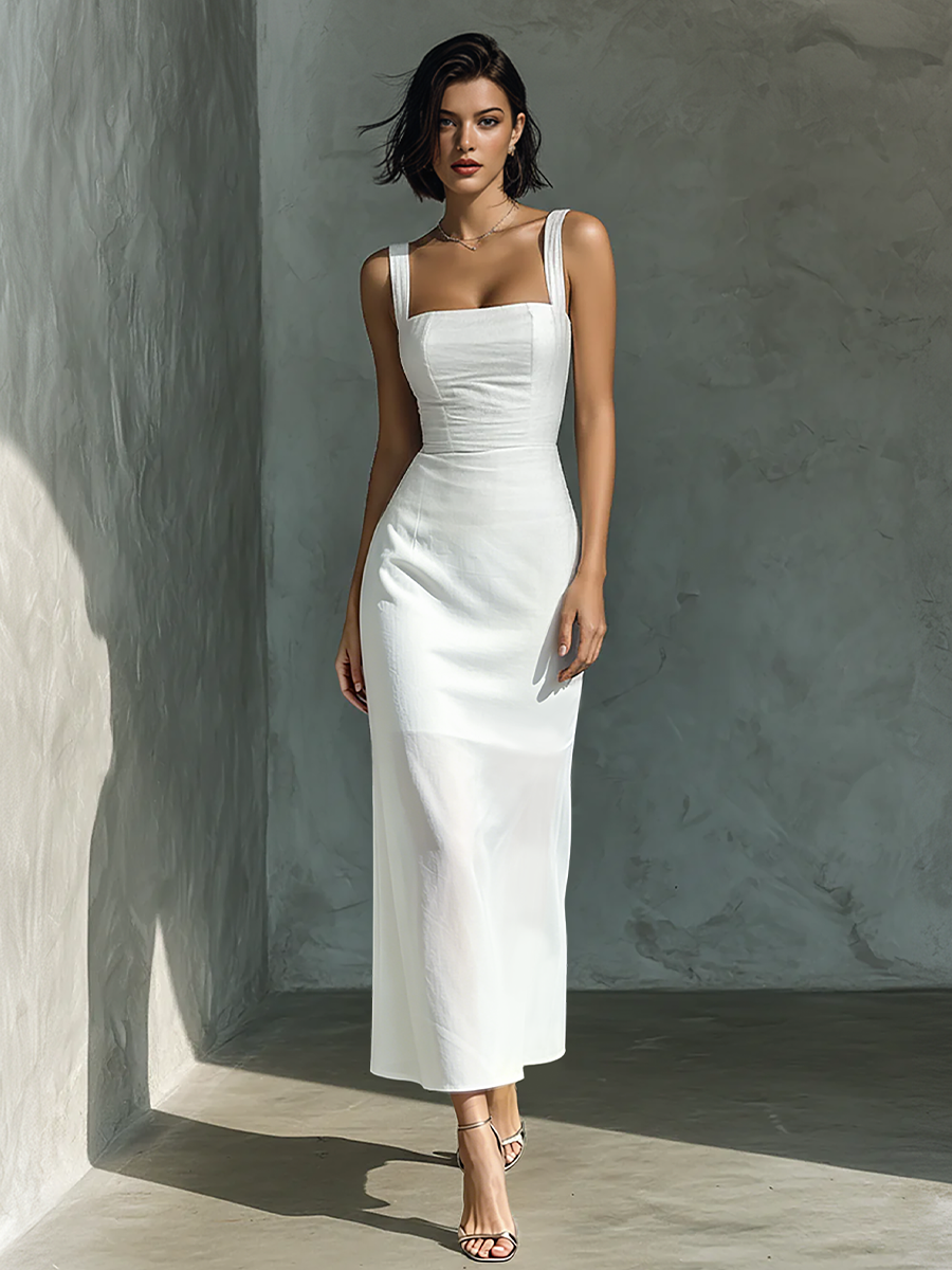 Vestido Midi Blanco de Algodón y Lino, Sin Mangas