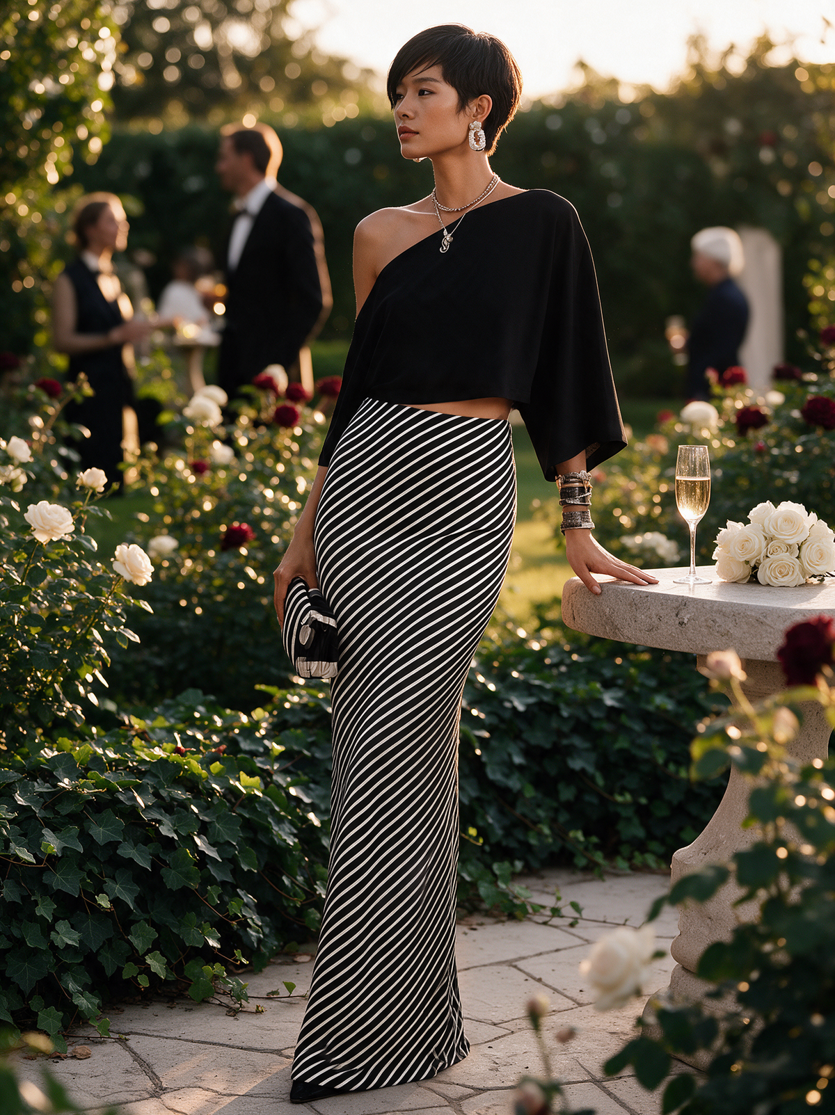 Conjunto Moderno y Elegante: Falda Maxi de Rayas en Punto Blanco y Negro y Top de Un Hombro