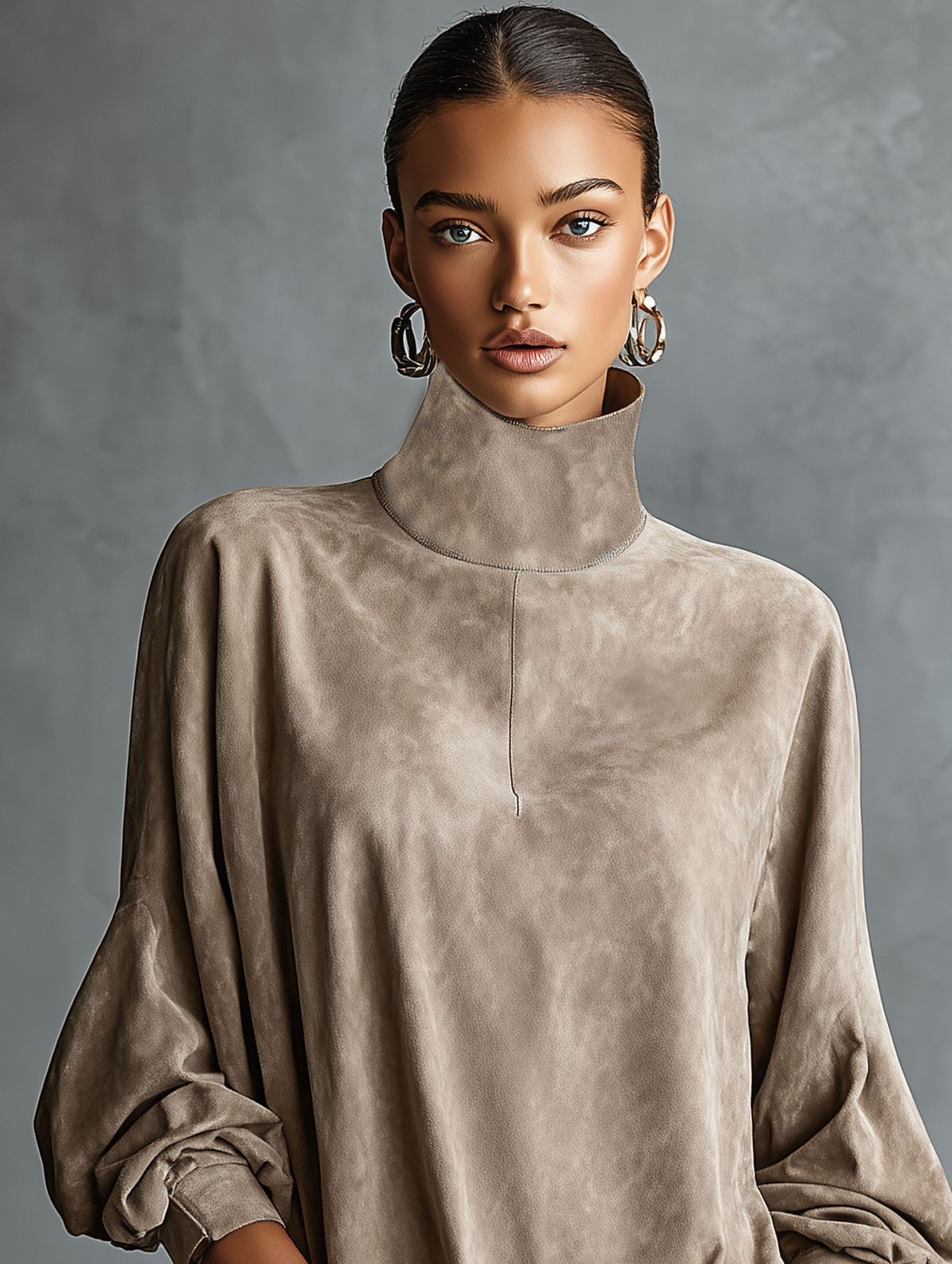 Vestido Corto Minimalista en Ante Sintético, Cuello Alto, Corte Holgado