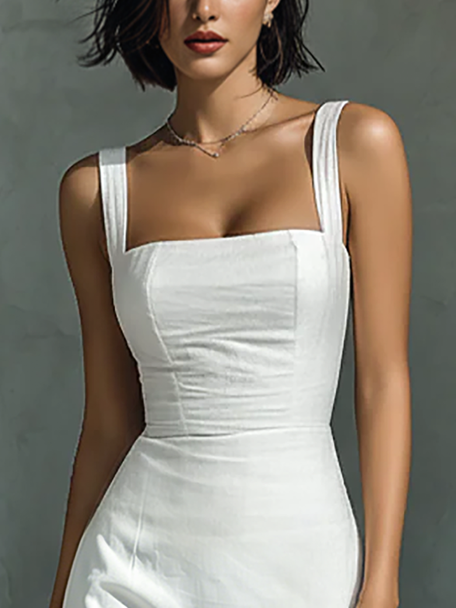 Vestido Midi Blanco de Algodón y Lino, Sin Mangas