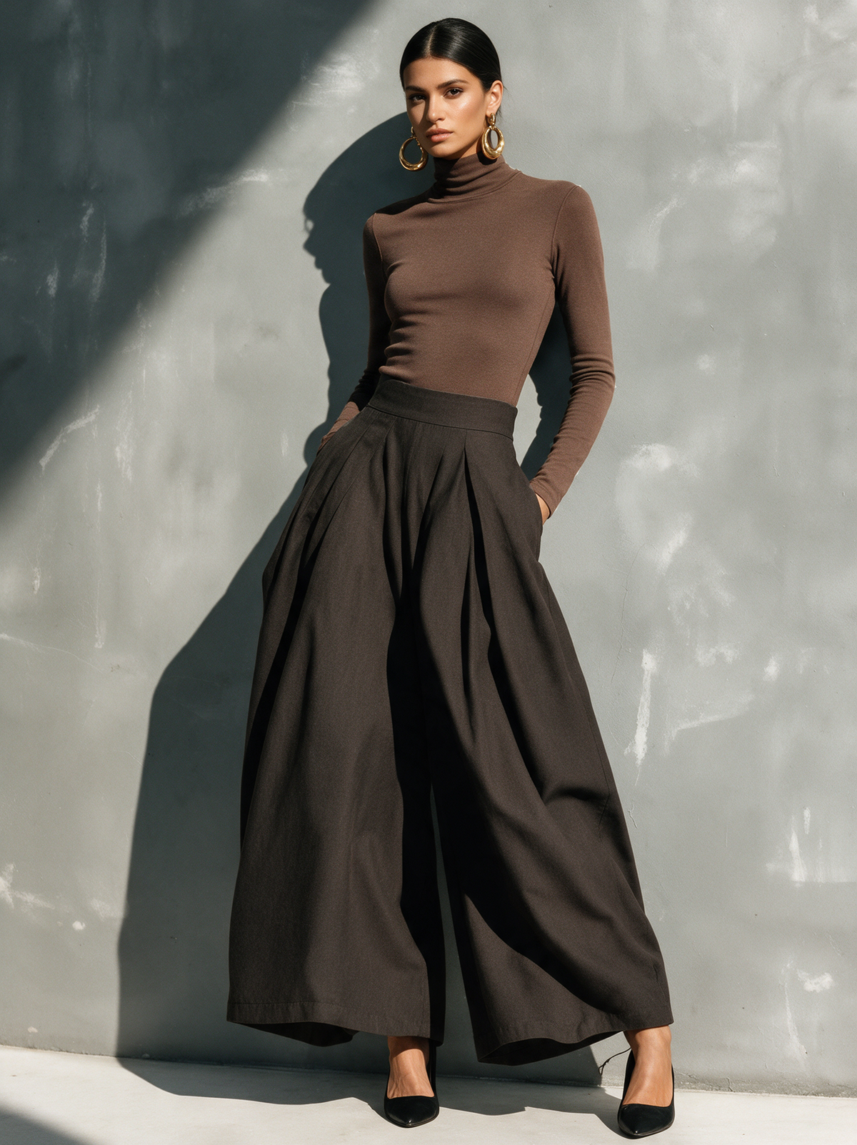 Conjunto Casual de Dos Piezas para Mujer | Top Negro de Punto Elástico de Manga Larga y Pantalón Gris Oscuro de Pierna Ancha