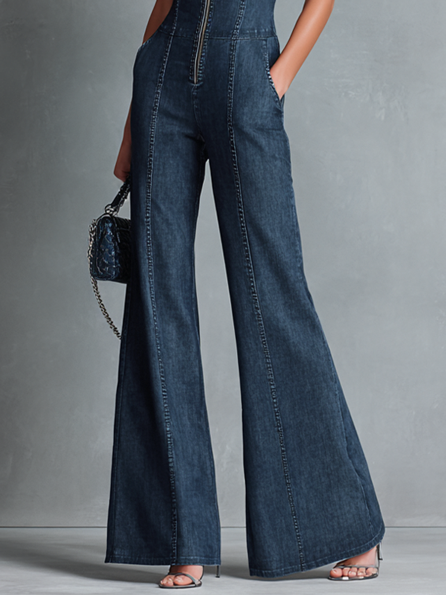 Mono Denim Azul Oscuro Estilo Retro, Sin Mangas, Cuello Alto y Pernera Acampanada con Cremallera Frontal