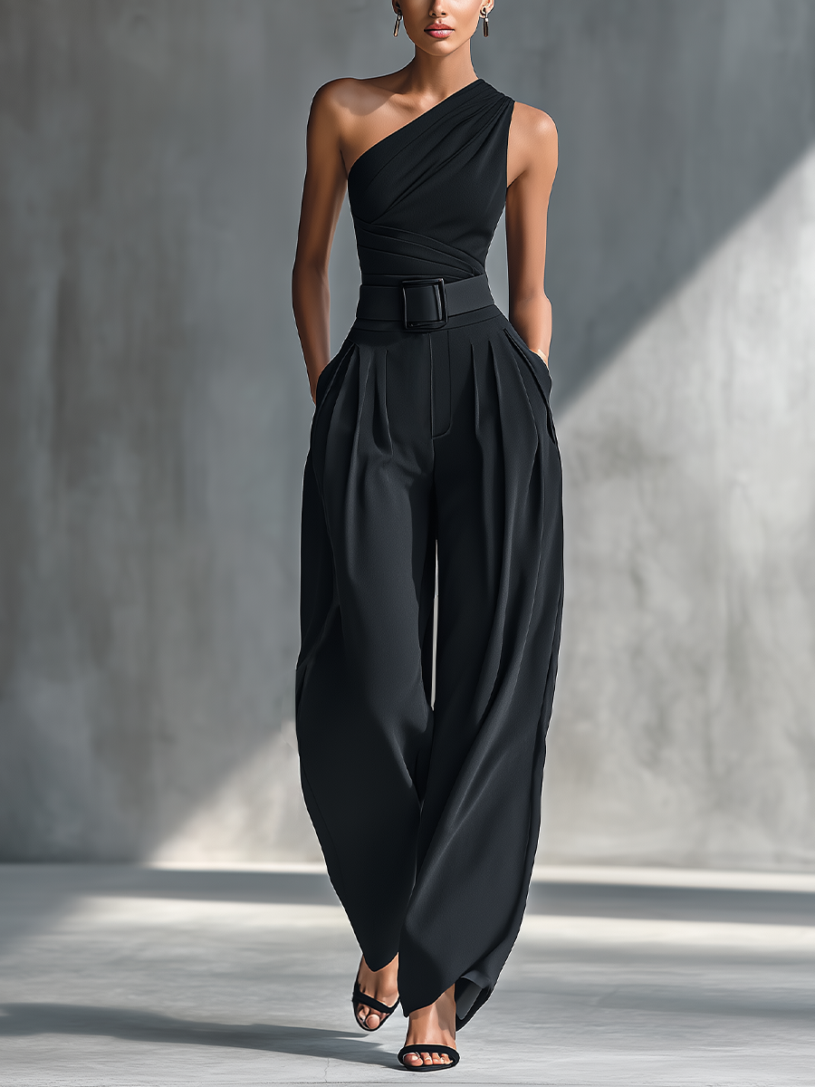 Conjunto de Top Negro de Punto Elástico y Pantalón Ancho en Acetato