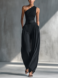 Conjunto de Top Negro de Punto Elástico y Pantalón Ancho en Acetato
