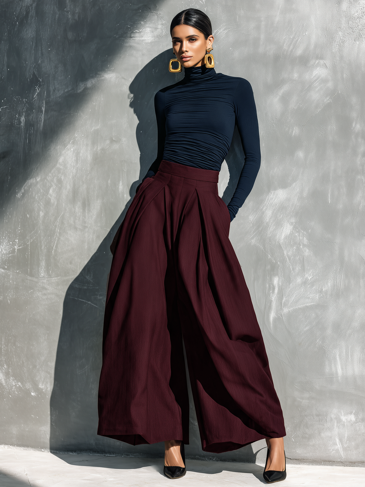 Conjunto Casual de Dos Piezas para Mujer | Top Negro de Punto Elástico de Manga Larga y Pantalón Gris Oscuro de Pierna Ancha