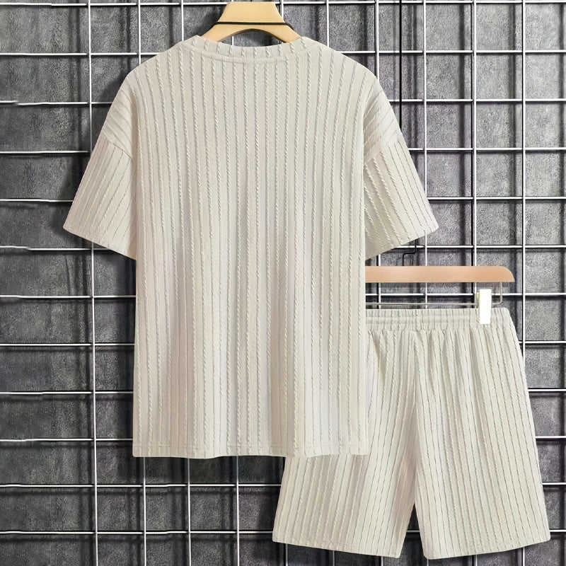 Conjunto de verano de 2 piezas para hombre: camiseta de hombros caídos y pantalón corto con cordón